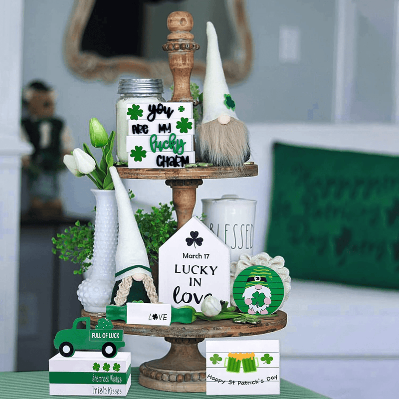 9 Pieces St.Patrick Day Tiered Tray Decor, Rustic 3 Small Wooden Table Signs St Patricks Day Decorations, Farmhouse Faux Decorative Truck Books, Gnomes Sign and Roling Pin for Gift Irish Party Home