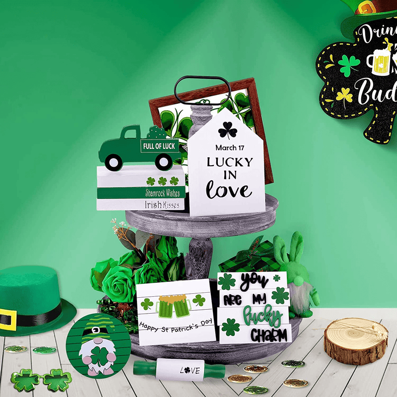 9 Pieces St.Patrick Day Tiered Tray Decor, Rustic 3 Small Wooden Table Signs St Patricks Day Decorations, Farmhouse Faux Decorative Truck Books, Gnomes Sign and Roling Pin for Gift Irish Party Home Arts & Entertainment > Party & Celebration > Party Supplies Poeuo   