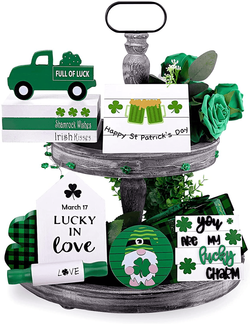 9 Pieces St.Patrick Day Tiered Tray Decor, Rustic 3 Small Wooden Table Signs St Patricks Day Decorations, Farmhouse Faux Decorative Truck Books, Gnomes Sign and Roling Pin for Gift Irish Party Home