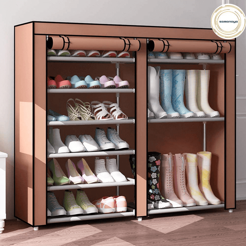 9 Tier Shoe Rack,Double Rows 9 Lattices Large Free Standing Shoe Racks,Shoe Storage Organizer Cabinet with Nonwoven Fabric Dustproof Cover,Space Saving Portable Closet Shoe Cabinet Tower (Brown) Furniture > Cabinets & Storage > Armoires & Wardrobes samanoya Brown  