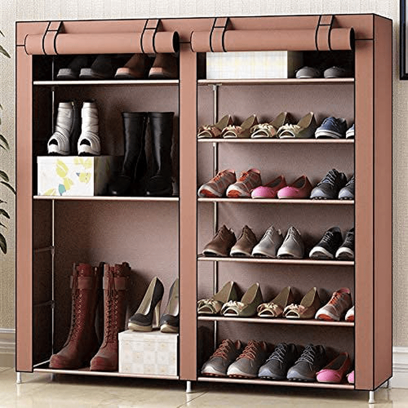 9 Tier Shoe Rack,Double Rows 9 Lattices Large Free Standing Shoe Racks,Shoe Storage Organizer Cabinet with Nonwoven Fabric Dustproof Cover,Space Saving Portable Closet Shoe Cabinet Tower (Brown) Furniture > Cabinets & Storage > Armoires & Wardrobes samanoya   