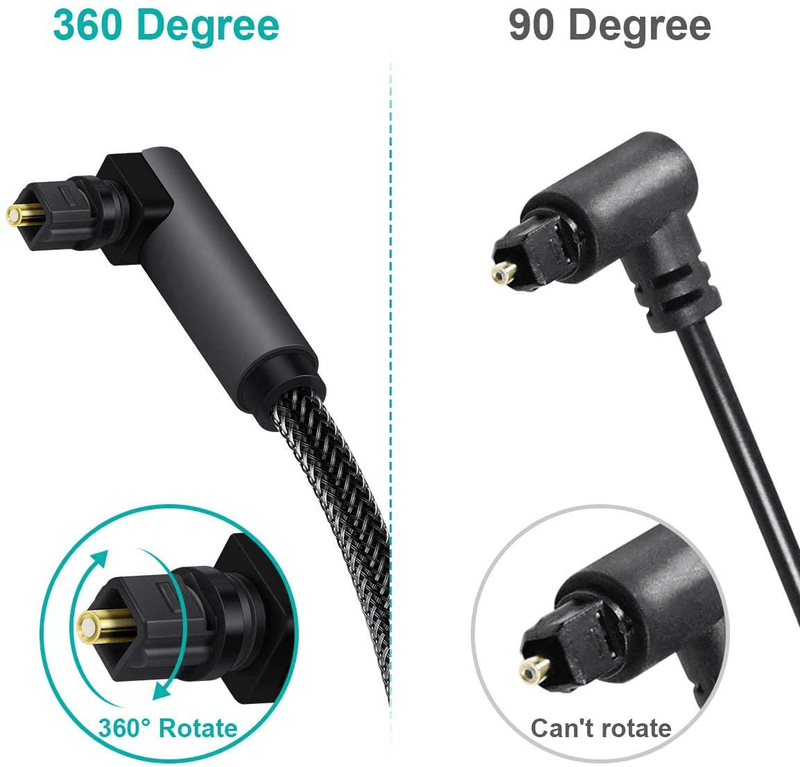 90 Degree Toslink Optical Cable 360 Degree Free-Rotating Plug Fiber Optic Cable S/PDIF Toslink Male to Male Cable for Home Theater, Sound Bar, TV, PS4, Xbox,Grey (3.3Ft/1m)