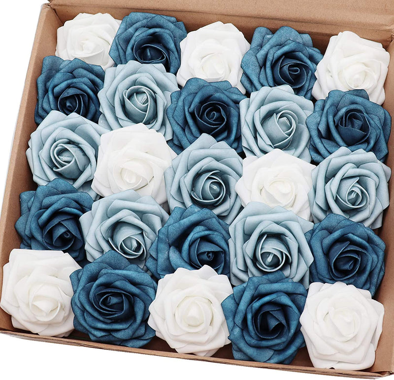 J-Rijzen Artificial Flowers 25PCS Real Looking White & Dusty Blue Shades Fake Roses with Stem for DIY Wedding Bouquets Centerpieces Baby Shower Party Home Decorations Home & Garden > Decor > Seasonal & Holiday Decorations J-Rijzen   