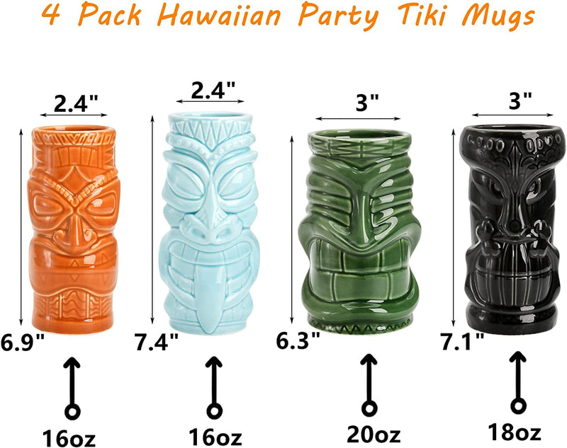 Peohud 4 Pack Ceramic Tiki Mugs, Hawaiian Party Mugs, 20/18/16 Oz Exotic Cocktail Glasses, Tiki Drinking Tumbler Cups for Mai Tai, Pina Colada, Tiki Bar Professional Barware Home & Garden > Kitchen & Dining > Barware Peohud   