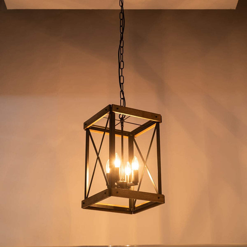 VILUXY Vintage Pendant Light, Classic 4-Light Hanging Pendant Lighting, Black Metal Cage and Wood Shade, for Farmhouse, Entryway, Dining Room, Kitchen Island, Foyer Home & Garden > Lighting > Lighting Fixtures VILUXY   