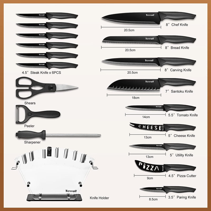 Knife Set 19 Pieces TICWELL Kitchen Black Knife Set with Acrylic Premium 13 Carbon with Scissors &Peeler &Knife Sharpener Home & Garden > Kitchen & Dining > Kitchen Tools & Utensils > Kitchen Knives TICWELL   