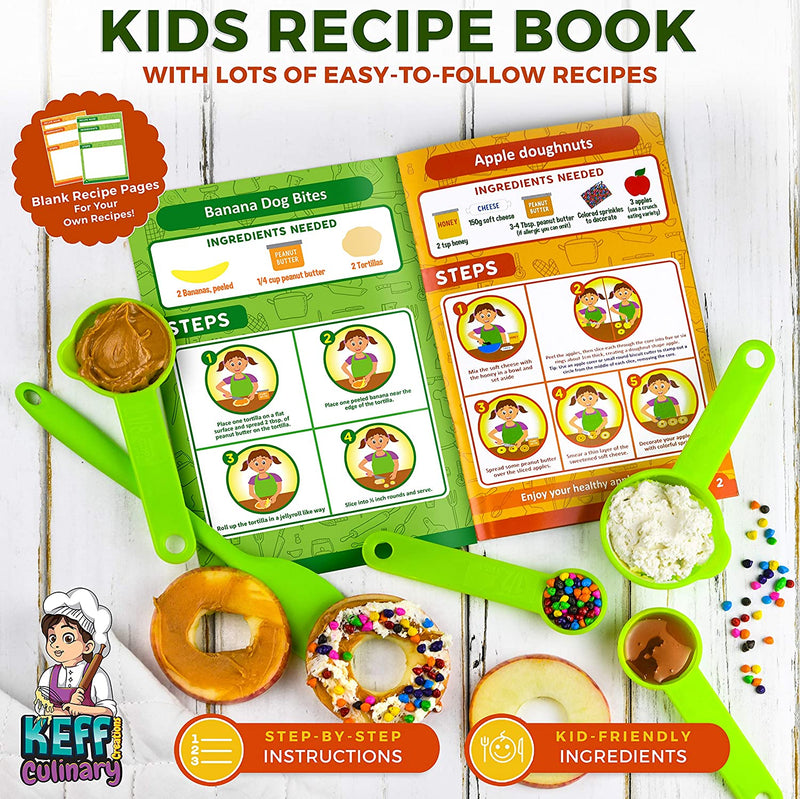 KEFF Kids Cooking and Baking Sets for Girls, Boys, Toddler with Real Kitchen Tools - Master Chef Jr Kit Includes Apron, Chef Hat, Recipe Book and More Utensils - Green