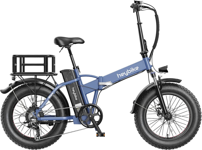 Heybike Mars Electric Bike Foldable 20" X 4.0 Fat Tire Electric Bicycle with 500W Motor, 48V 12.5AH Removable Battery and Dual Shock Absorber for Adults Sporting Goods > Outdoor Recreation > Cycling > Bicycles Heybike Blue With Rear Basket 