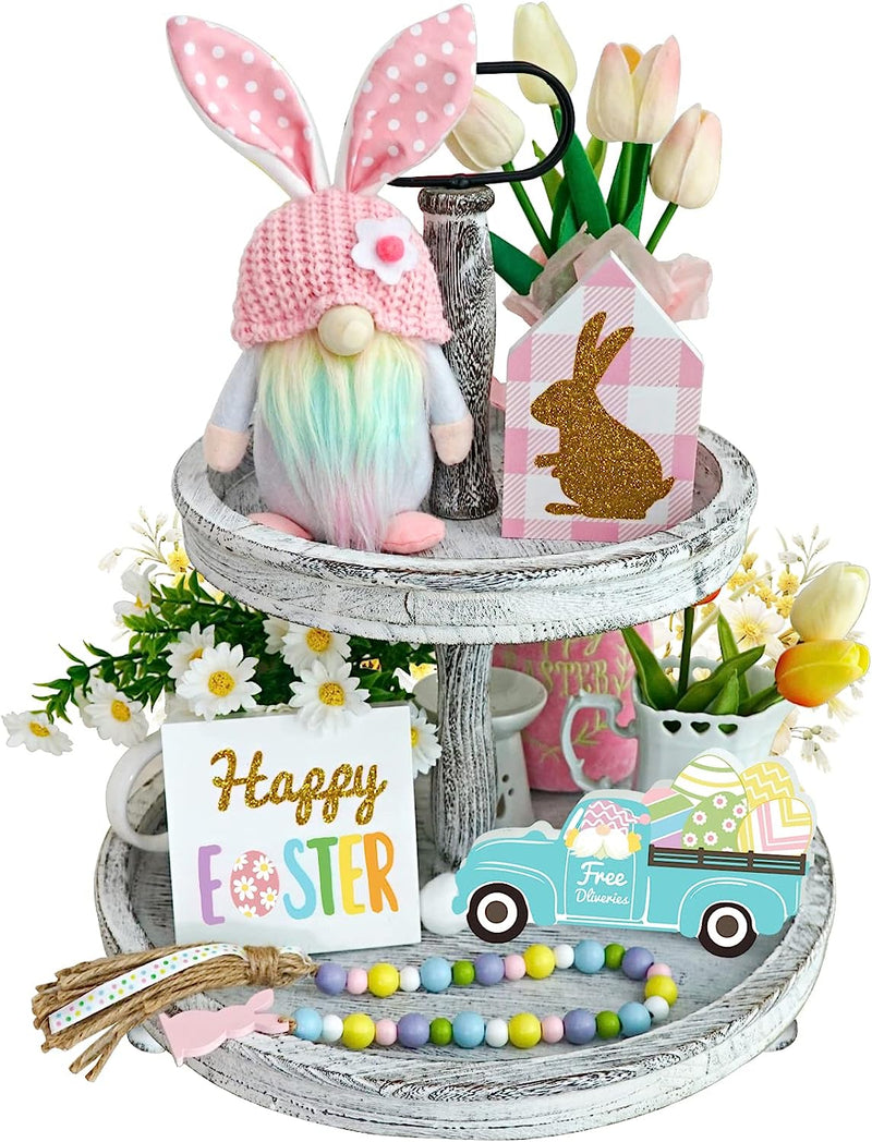 Easter Decorations, 5Pcs Easter Gnome Tiered Tray Decor, 3 Glitter Easter Wood Signs, Truck Full of Eggs, Easter Bunny Gnome Plush, Spring Easter Bead Garland,Rustic Farmhouse Spring Easter Decor