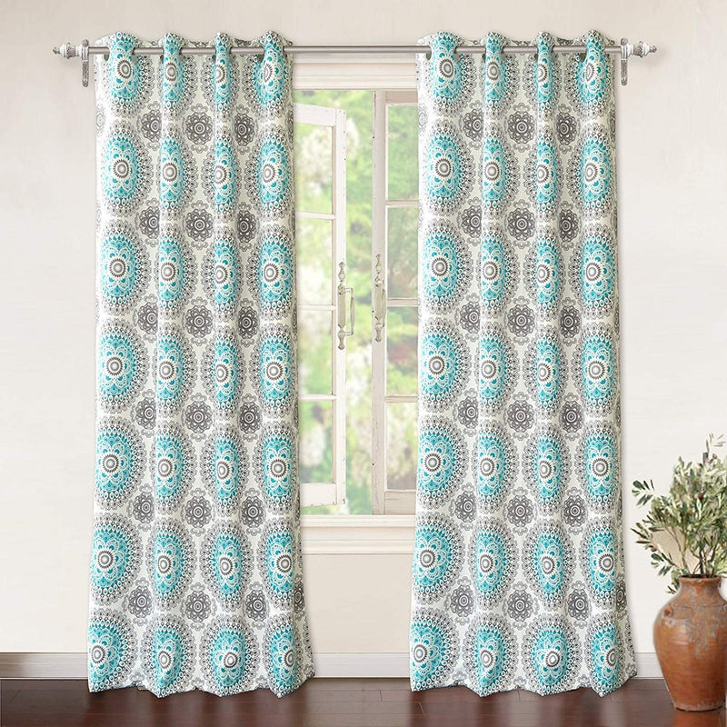Driftaway Bella Medallion and Floral Pattern Room Darkening and Thermal Insulated Grommet Window Curtains 2 Panels Each 52 Inch by 54 Inch Aqua and Gray Home & Garden > Decor > Window Treatments > Curtains & Drapes DriftAway Aqua/Gray 52"x 96" 