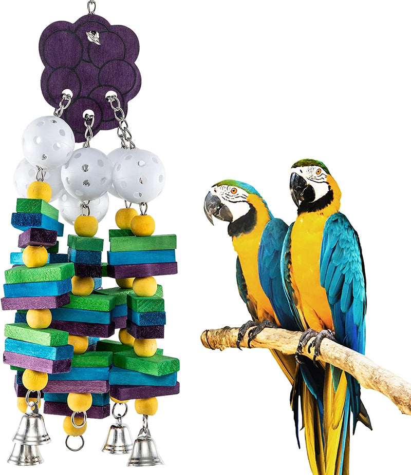 MEWTOGO Large Bird Parrot Toys with Bells- Parrots Cage Chewing Toy with Colorful Wood Blocks Beads- Bird Parrot Chewing Sticks Toys for Cockatoos African Grey Macaws and Parrots(Grape Style)  MEWTOGO Purple (Grape)  