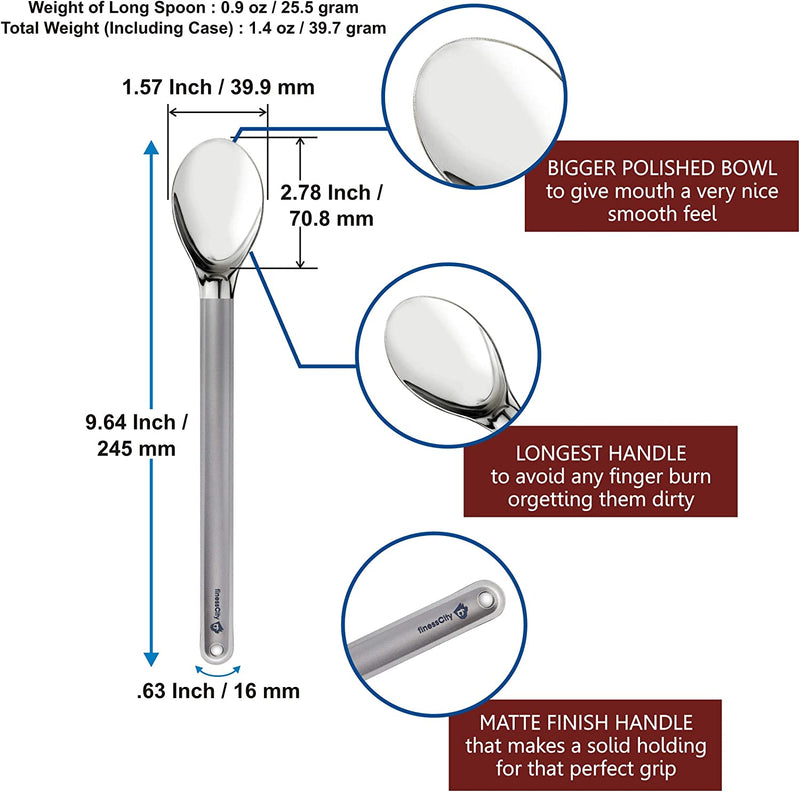 Finesscity Longest Titanium Long Handled Spoon It'S 9.65 Inch/ 245Mm Long Spoon with Bigger Polished Bowl, Titanium Spoon Comes with Waterproof Case