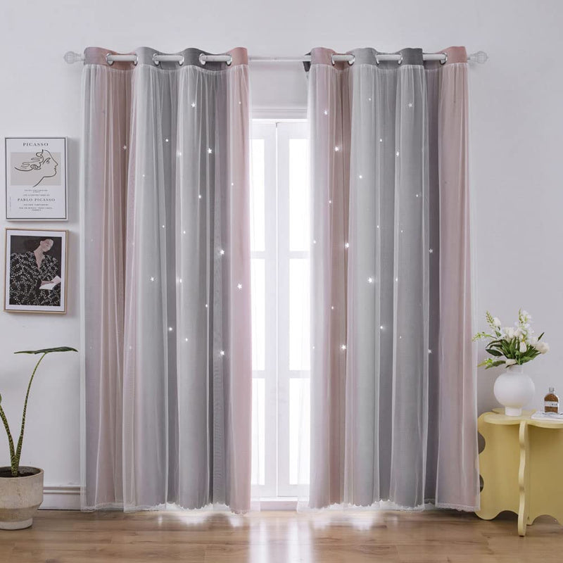 Star Cutout Girls Kids Room Curtains for Bedroom Living Room Decor Rainbow Ombre Gradient Darken Double Layer Window Cute Curtains ,W 52 X L63 Inches,Grey,Pink,Blue.2 Panels Home & Garden > Decor > Window Treatments > Curtains & Drapes ZHUHAN   