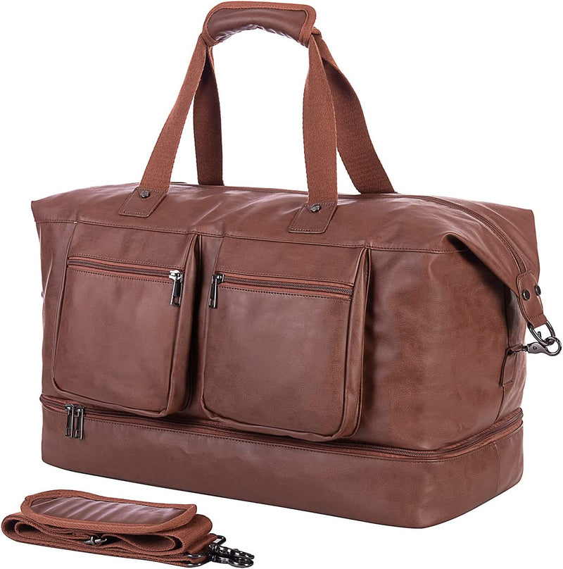 Leather Travel Bag with Shoe Pouch,Weekender Overnight Bag Waterproof Leather Large Carry on Bag Travel Tote Duffel Bag for Men or Women Home & Garden > Household Supplies > Storage & Organization seyfocnia Brown-2pockets  