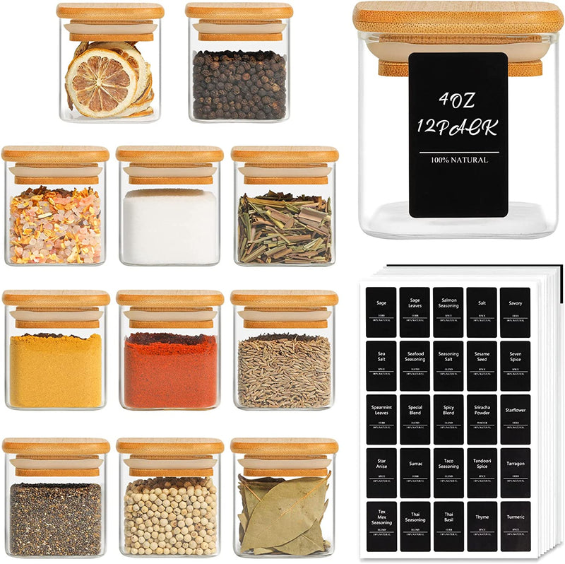Comsaf 12Pcs Glass Spice Jars with Bamboo Lid, 8Oz Airtight Square Spice Containers with 275 Black Lables, Empty Seasoning Jars for Spice Salt Sugar Home & Garden > Decor > Decorative Jars ComSaf 12 4oz 