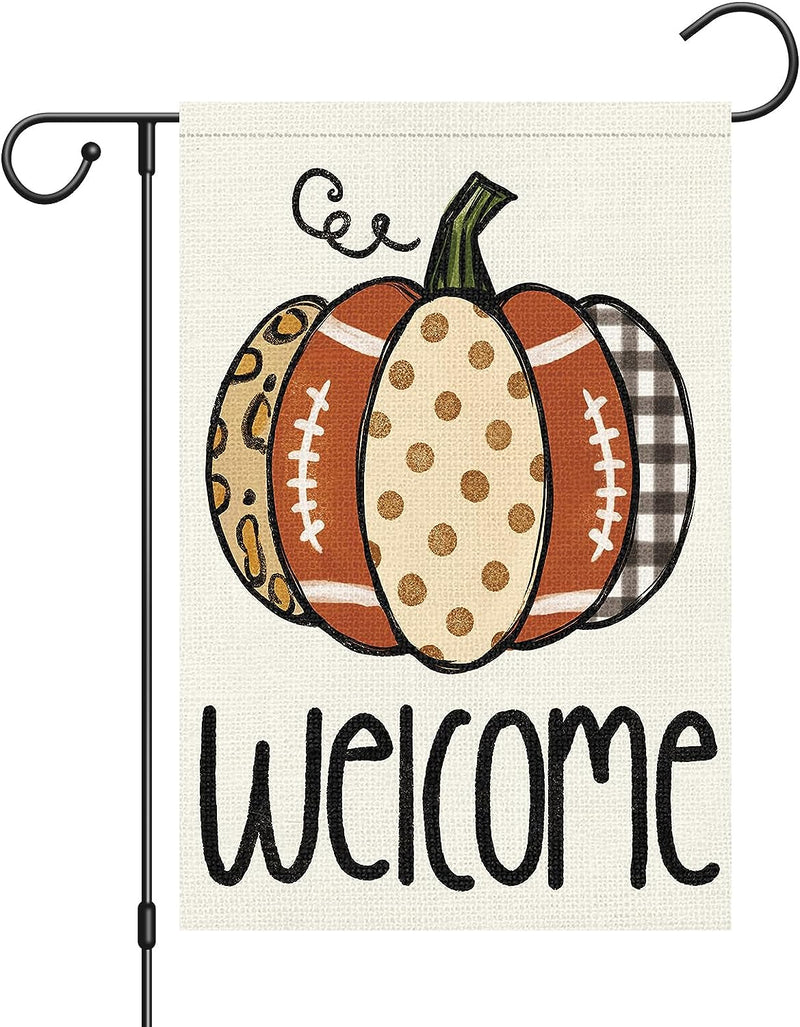 Louise Maelys Welcome Fall Garden Flag 12X18 Double Sided, Small Burlap Autumn Pumpkin Football Garden Flag Fall Thanksgiving outside Outdoor House Yard Decoration (ONLY FLAG)  Louise Maelys   