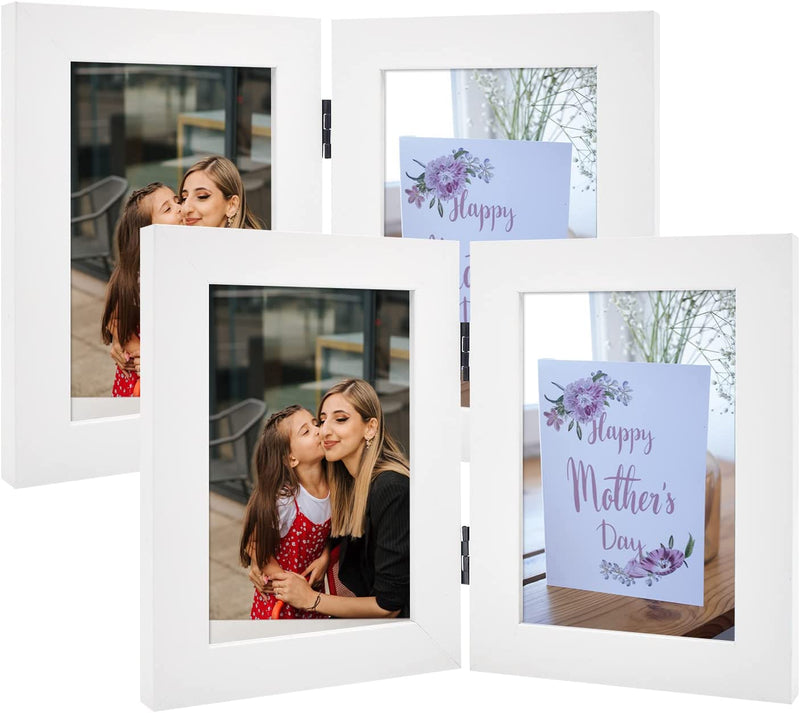 Frametory, 5X7 Hinged Picture Frame Displays 2 Photos, Double Frames with Glass, Side by Side Stands Vertically on Tabletop (Black) Home & Garden > Decor > Picture Frames Frametory White 4x6 (2-Pack) 