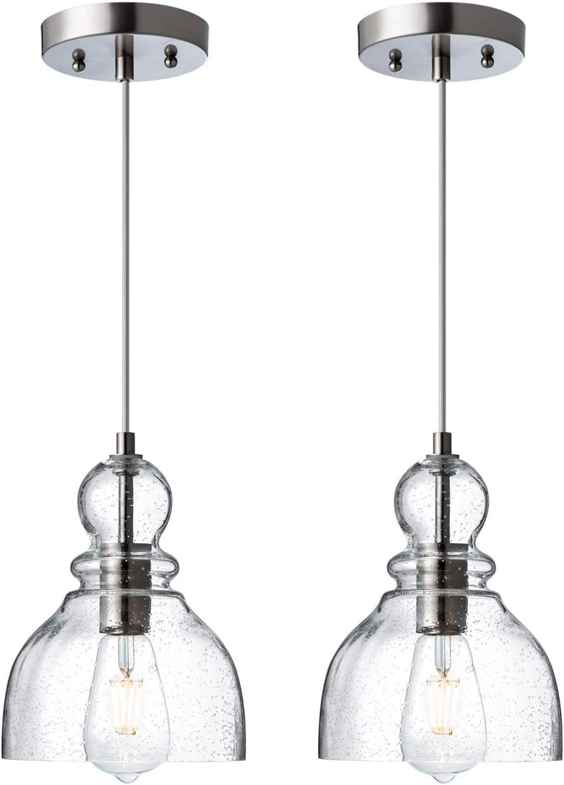 LANROS Farmhouse Kitchen Pendant Lighting with Handblown Clear Seeded Glass Shade, Adjustable Cord Mini Ceiling Light Fixture for Kitchen Island Sink, Brushed Nickle Finish, 7Inch, 2 Pack Home & Garden > Lighting > Lighting Fixtures LANROS   