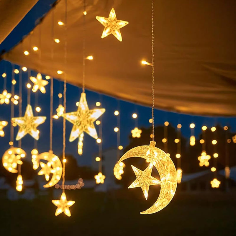 138 Leds Curtain Lights, 11.5FT Christmas Moon Star Window Fairy String Lights,Usb and Battery Powered for Indoor Window, Kid Bedroom, Patio, Front Porch, Camping, Guest Room Decoration, Multicolor  Lylyzoo Moon And Stars 8.2Ft  