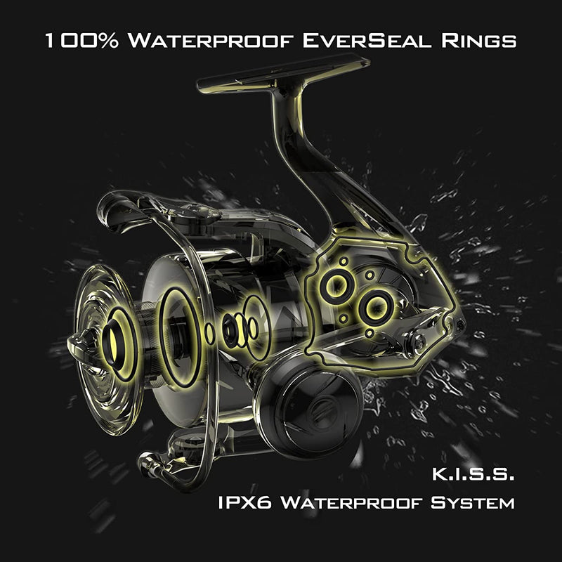Kastking Kapstan Elite Saltwater Spinning Reel - IPX6 100% Waterproof – up to 55Lbs Max Drag Big Game Fishing Reel - CNC Aluminum Body - Power Handle, 6+1+1 Corrosion-Resistance Bearing System