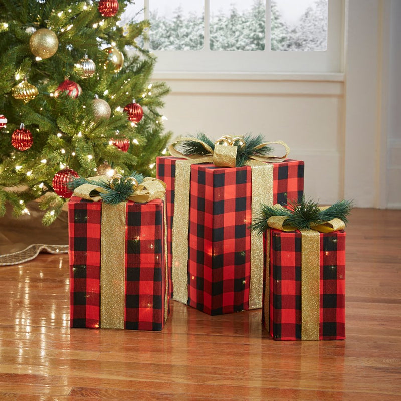 Pre-Lit Gift Boxes, Set of 3, Christmas Christmas Decoration Home & Garden > Decor > Seasonal & Holiday Decorations& Garden > Decor > Seasonal & Holiday Decorations BrylaneHome Plaid  