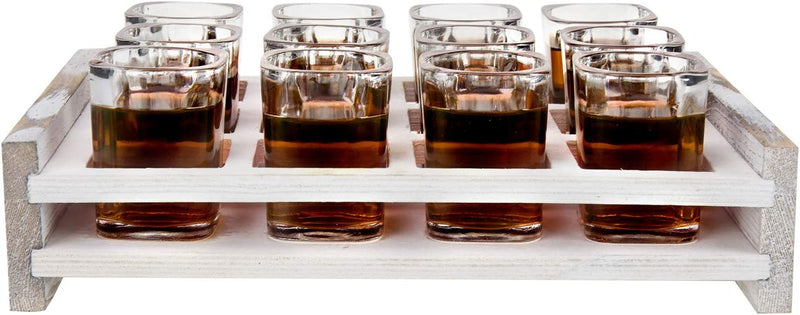 Mygift Shot Glasses Server Set Includes 12 Square Glasses and Whitewashed Wood Serving Tray