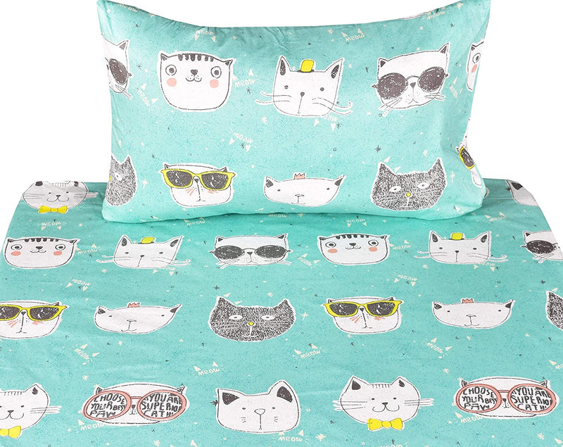 J-Pinno Cats Kitty Cute Twin Sheet Set for Kids Girls Children,100% Cotton, Flat Sheet + Fitted Sheet + Pillowcase Bedding Decoration Gift Set (Cat, Twin)