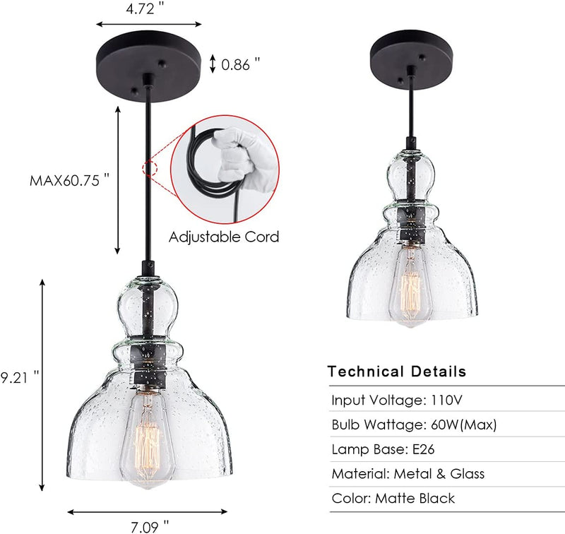 LANROS Farmhouse Kitchen Pendant Lighting with Handblown Clear Seeded Glass Shade, Adjustable Cord Mini Ceiling Light Fixture for Kitchen Island Sink, Matte Black Finish, 7Inch, 1 Pack Home & Garden > Lighting > Lighting Fixtures DONGLAIMEI   