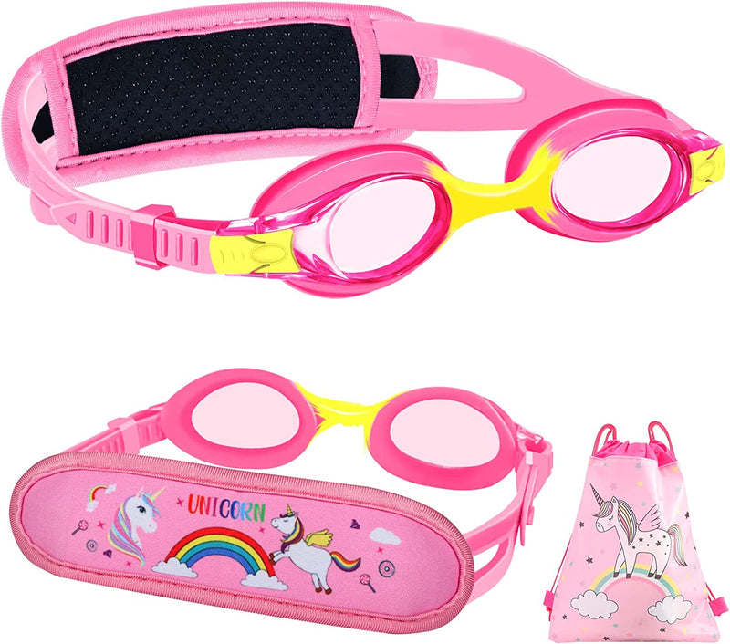 MAIGOZON Kids Swim Goggles with Pain-Free Fabric Strap Cover and Swim Bag, No Tangle Toddler Goggles for Girls Boys Age 3-14 Sporting Goods > Outdoor Recreation > Boating & Water Sports > Swimming > Swim Goggles & Masks MAIGOZON Unicorn  