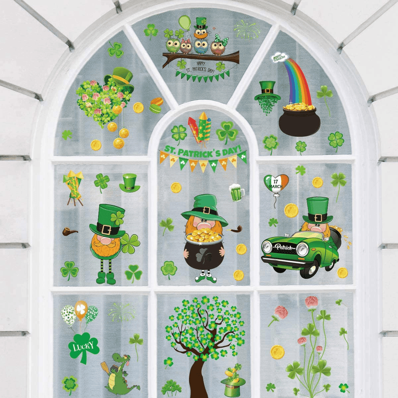 91PCS St Patrick'S Day Window Clings Decals Decorations, 7 Sheets Lucky Shamrock Clover Window Stickers for St Patrick'S Day Decorations, Glass Windows, Party, Irish Party Ornaments Supplies