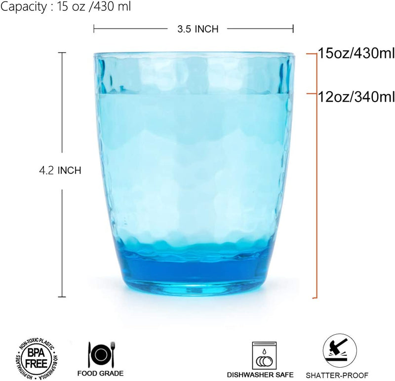 Hammered 15-Ounce Plastic Tumbler Acrylic Glasses, Set of 6 Multicolor