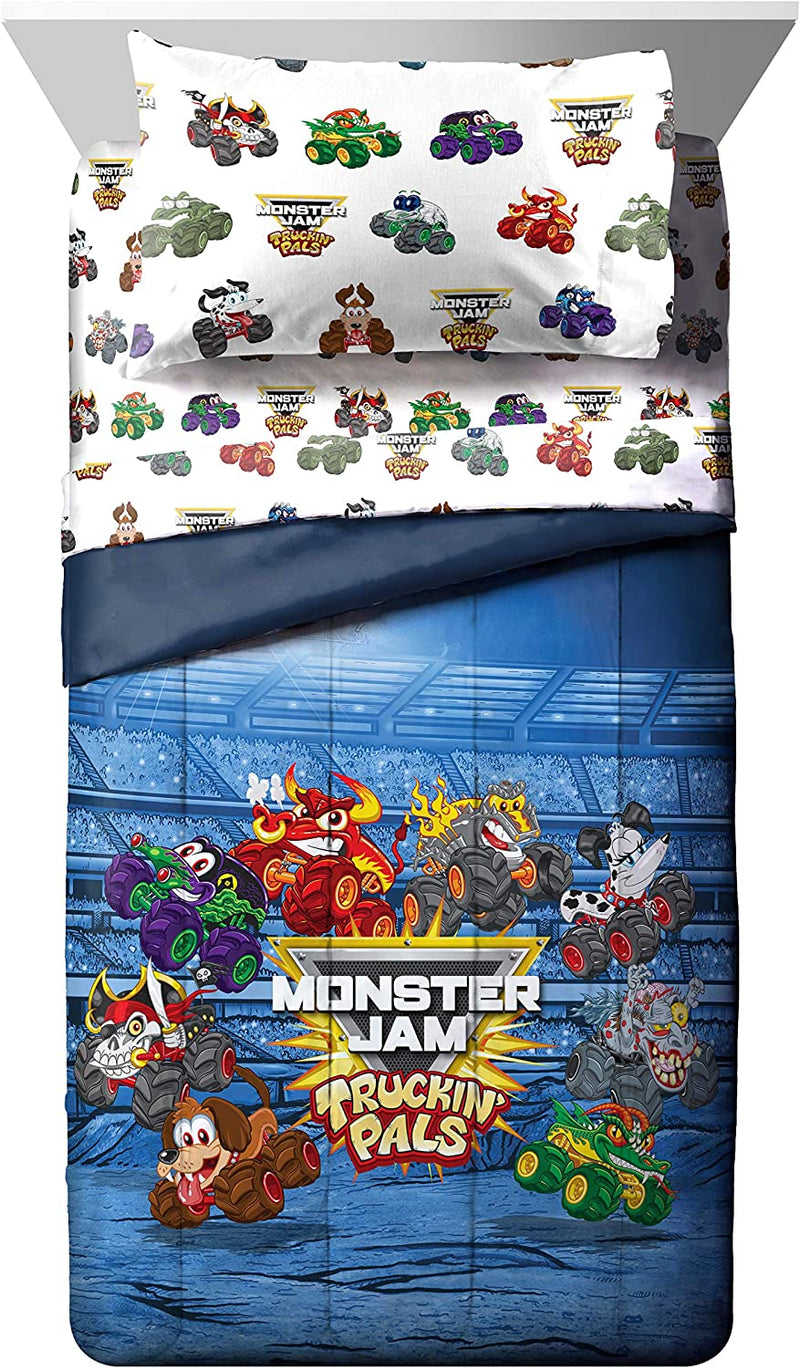 Monster Jam Truckin Pals 5 Piece Twin Bed Set - Includes Comforter & Sheet Set - Bedding Features Grave Digger & Megalodon - Super Soft Fade Resistant Microfiber (Official Monster Jam Product)