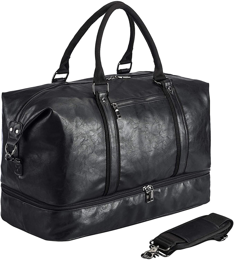 Leather Travel Bag with Shoe Pouch,Weekender Overnight Bag Waterproof Leather Large Carry on Bag Travel Tote Duffel Bag for Men or Women Home & Garden > Household Supplies > Storage & Organization seyfocnia Black  