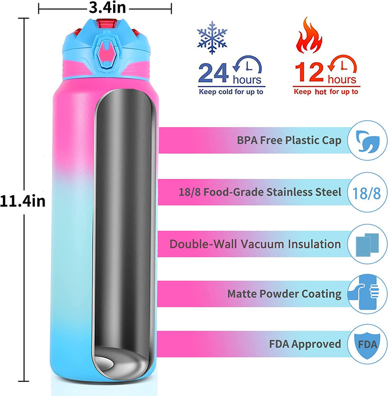 QAYSKYTY Stainless Steel Water Bottles Insulated, 32 Oz Metal Water Bottle, Double Wall Vacuum Sweat-Proof BPA Free Wide Mouth for Sports Gym Travel Outdoor (1 Bottle+1 Lid)