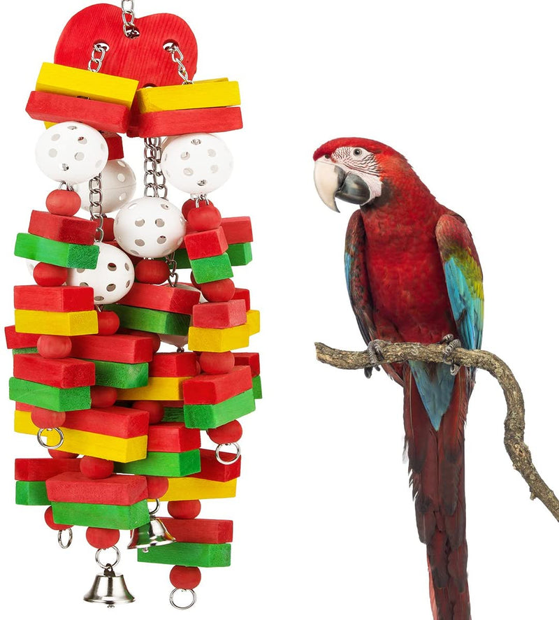 MEWTOGO Large Bird Parrot Toys with Bells- Parrots Cage Chewing Toy with Colorful Wood Blocks Beads- Bird Parrot Chewing Sticks Toys for Cockatoos African Grey Macaws and Parrots(Grape Style)  MEWTOGO Red (Apple)  