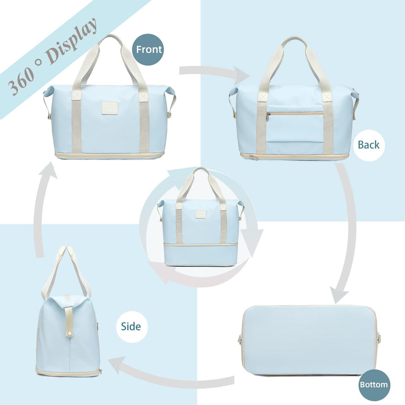 Imiomo Travel Gym Duffel Bag - Weekender Bags for Women, Large Tote Overnight Bag, Sports Shoulder Hospital Bag (Ice Blue)