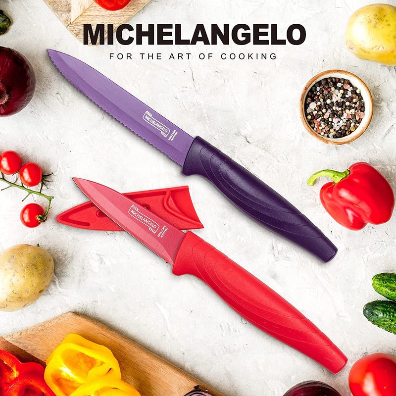 Kitchen Knife Set 10 Piece, Rainbow Knife Set for Kitchen, High Carbon Stainless Steel Kitchen Knives Set, Dishwasher Safe, Colorful Knife Set- 5 Knives and 5 Knife Covers-Michelangelo