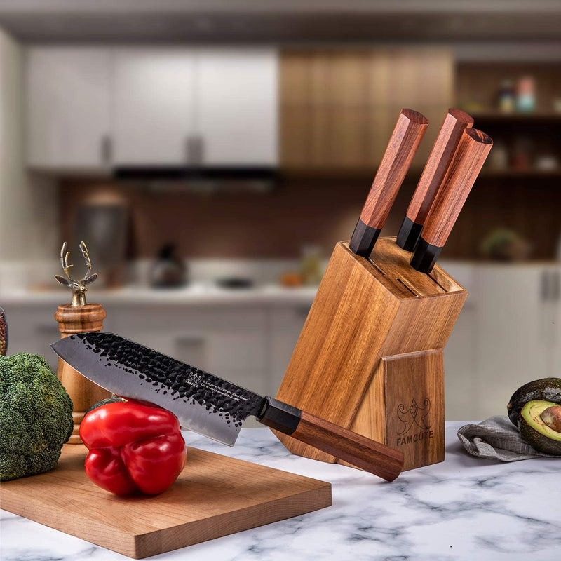 FAMCÜTE Japanese Chef Knife Set, 3 Layer 9CR18MOV Clad Steel W/Octagon Handle and Block Wooden Holder for 4Piece Kitchen Knife Set (8” Gyuto Knife, 7” Nakiri Knife, 7” Santoku Knife, 5” Utility Knife) Home & Garden > Kitchen & Dining > Kitchen Tools & Utensils > Kitchen Knives FAMCÜTE   