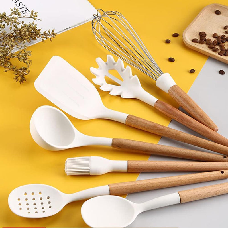 Kitchen Cooking Utensils Set, 14 Non-Stick Silicone Cooking Kitchen Utensils Spatula Set with Holder, Wooden Handle Silicone Kitchen Gadgets Utensil Set for Nonstick Cookware(White)