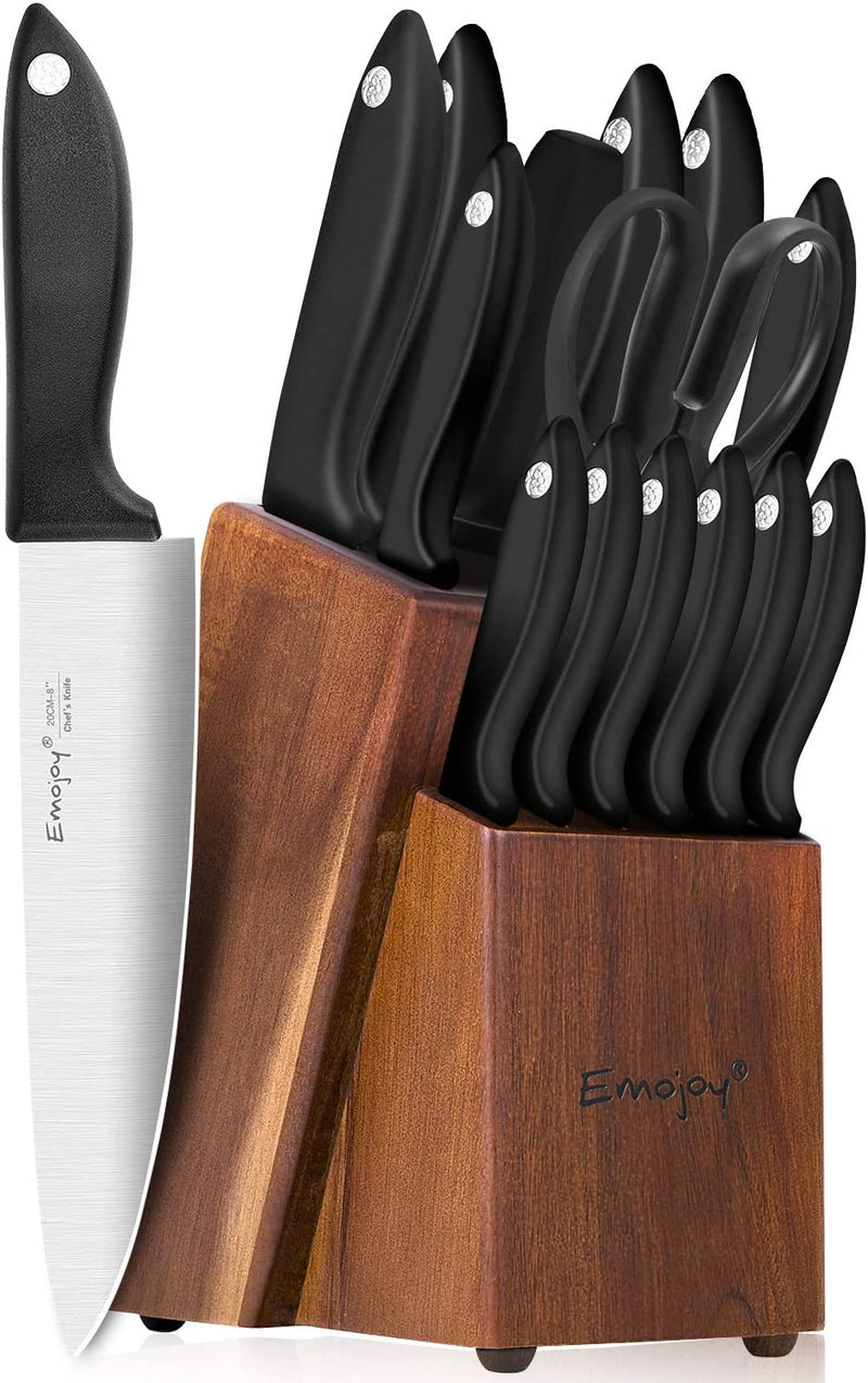 Knife Set 15-Piece Kitchen Knife Set with Sharpener Wooden Block and Serrated Steak Knives,Emojoy Germany High Carbon Stainless Steel Knife Block Set,Black