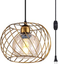 YLONG-ZS Hanging Lamps Swag Lights Plug in Pendant Light with On/Off Switch Wire Caged Hanging Pendant Lamp,Bronze Finish with Amber Glass Inner Shade