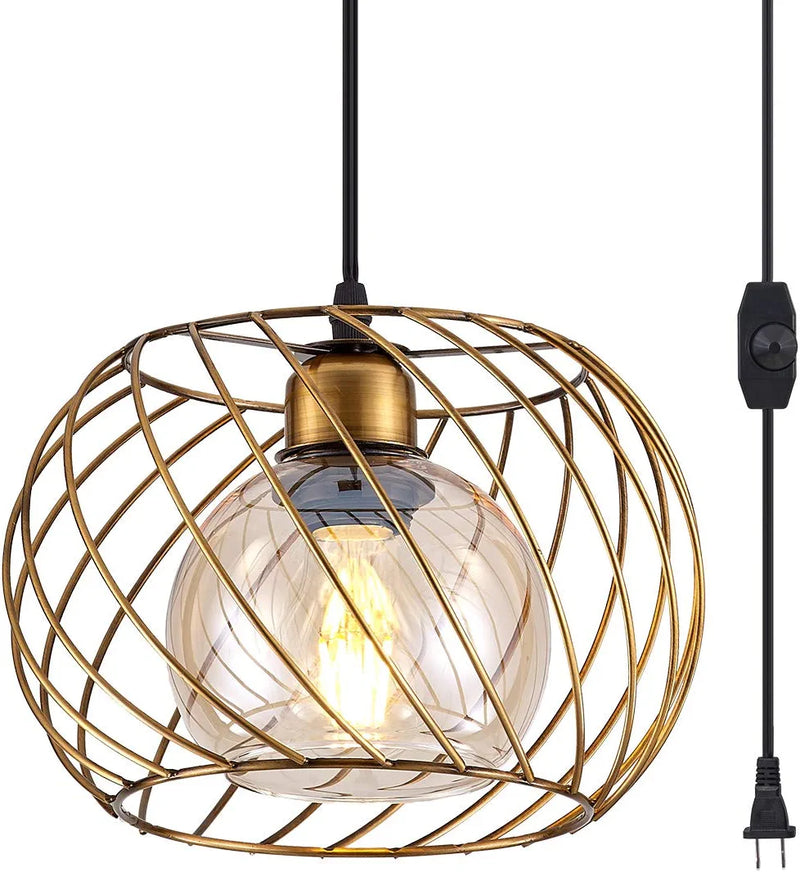 YLONG-ZS Hanging Lamps Swag Lights Plug in Pendant Light with On/Off Switch Wire Caged Hanging Pendant Lamp,Bronze Finish with Amber Glass Inner Shade Home & Garden > Lighting > Lighting Fixtures YLONG-ZS Yl17a-gold  