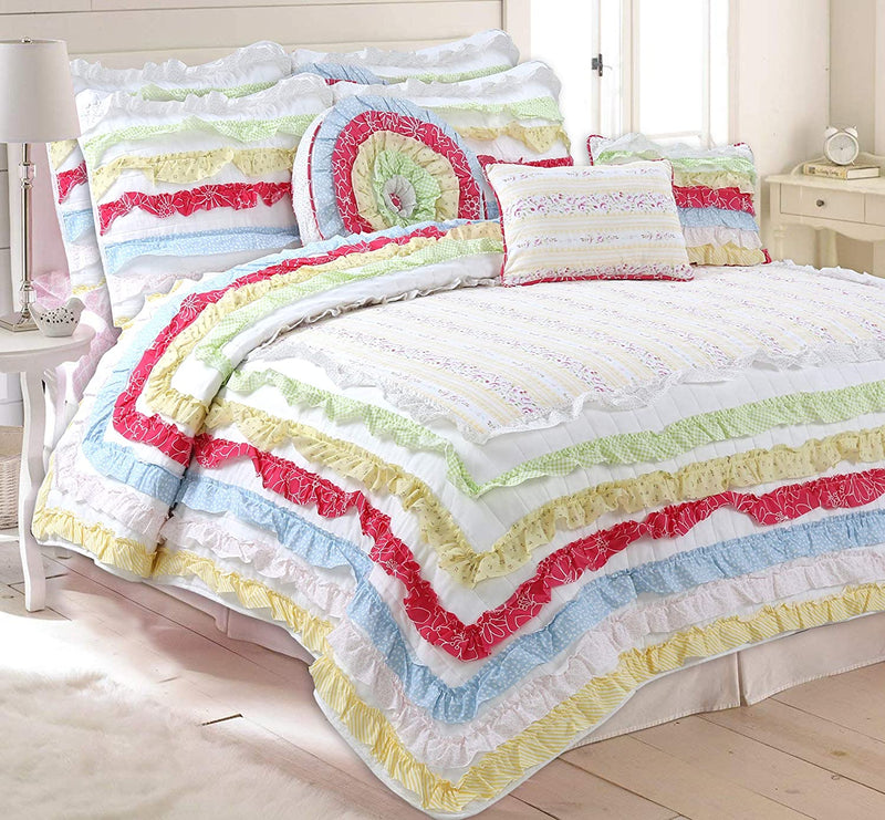 Cozy Line Home Fashions Colorful Striped Ruffle Floral 100% Cotton Reversible Girl Quilt Bedding Set, Reversible Coverlet Bedspread (Rainbow, Queen - 3 Piece) Home & Garden > Linens & Bedding > Bedding Cozy Line Home Fashions Rainbow Queen 