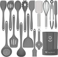 Silicone Kitchen Utensils Set, 16-Piece Silicone Cooking Utensils by Deedro, Heat Resistant Kitchen Tools Set with Holder, Nonstick Spatula Kitchen Gadgets for Cooking & Baking, Gray