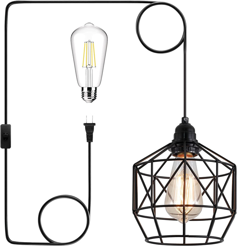 Q&S Black Industrial Basket Cage Hanging Pendant Light Fixtures with Plug in Cord 15.1FT On/Off Switch for Kitchen Living Room Camper Bedroom Sink Included LED Bulb Home & Garden > Lighting > Lighting Fixtures aideng Plug in Black Pendant Light  
