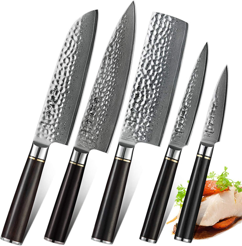 HEZHEN 5PC Damascus Kitchen Knives Set, Chef Knife Nakiri Santoku and Utility Knife Hammered Forging 67 Layer Japanese Damascus Steel Professional Chef'S Kitchen Knife Ebony Handle - Classic Series