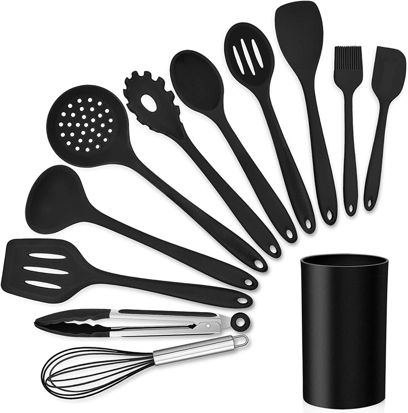 LIANYU 12-Piece Black Silicone Kitchen Cooking Utensils Set with Holder, Kitchen Tools Include Slotted Spatula Spoon Turner Ladle Tong Whisk, Dishwasher Safe Home & Garden > Kitchen & Dining > Kitchen Tools & Utensils LIANYU Black 12 