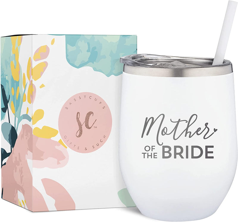 Sassycups Mother of the Groom Tumbler | Engraved Stainless Steel Insulated Wine Tumbler with Lid and Straw | Wedding Party Tumblers | for Grooms Mom | Engagement Announcement (12 Ounce, White)