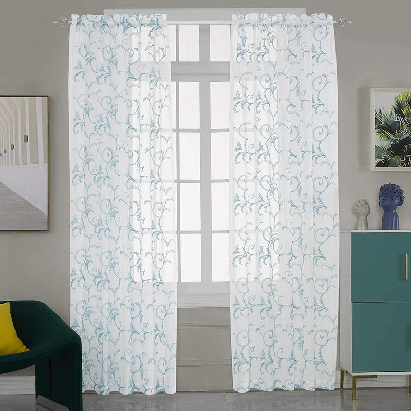 Embroidered Floral Sheer Curtains Beige 63 Inch , Rod Pocket Voile Drapes for Living Room, Bedroom, Vintage Embroidery Semi Crinkle Curtain Panels for Yard, Patio, Villa, Parlor, Set of 2, 52"X 63". Home & Garden > Decor > Window Treatments > Curtains & Drapes MYSTIC-HOME Blue 52"Wx95"L 