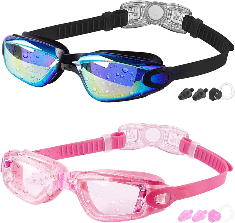 Kids Swim Goggles, 2 Packs Swimming Goggles for Kids Girls Boys and Child Age 4-16 Sporting Goods > Outdoor Recreation > Boating & Water Sports > Swimming > Swim Goggles & Masks COOLOO 08.black/Blue Ultramirrored Lens&pink/Clear Lens  